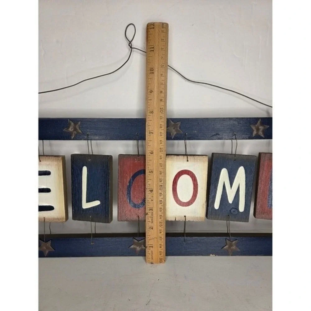 Rustic Americana Wood Welcome Sign Patriotic Red White Blue Star Wall Decor 20in